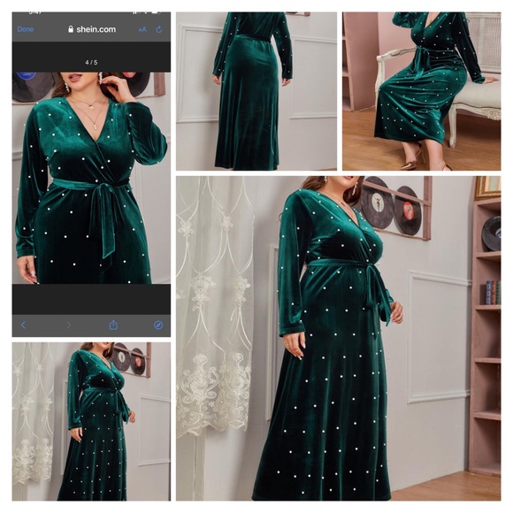 Plus Size Velvet Pearl Front Belted Formal Dress - Picture 11 of 16